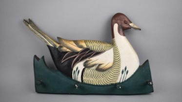 A Modern Fret Carved Painted Wooden Four Hook Coat Rail in the Form of a Decoy Duck, 42cms Wide