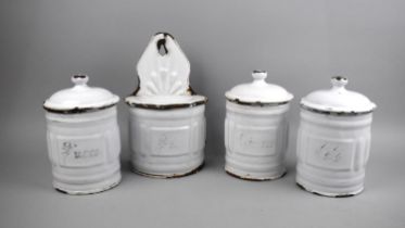 A Set of Three White Enamelled French Lidded Storage Pots and a Salt Pig with Hinged Lid