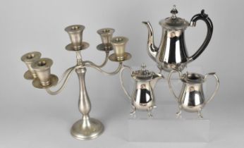 A Silver Plated Three Piece Service Together with a Five Branch Candelabra and a Silver Teaspoon