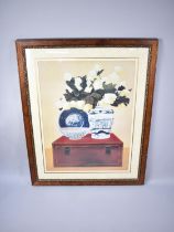 A Large Framed Print, Still Life, Chinese Porcelain and Flowers, Frame 106x131cms High