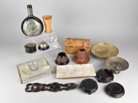 A Collection of Various Items to comprise Pewter Mounted Glass Bottle, Glass Desk Ink Stand, Desktop