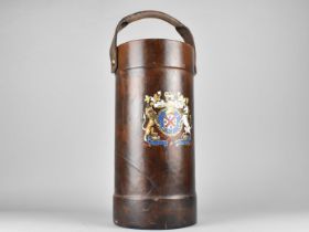 A Reproduction Leather Covered Cylindrical Stick Stand with Hand Painted Royal Crest, 19cms Diameter