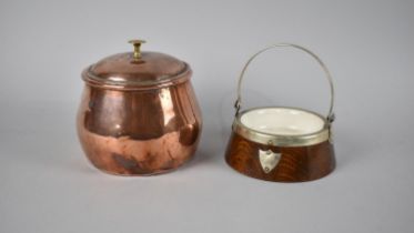 A Copper Lidded Pot together with a Silver Plate Mounted Oak Preserve Dish with Ceramic Liner and