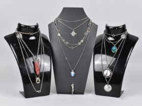 A Collection of Various Silver and White Metal Pendants on Chains to Comprise Polished Stone