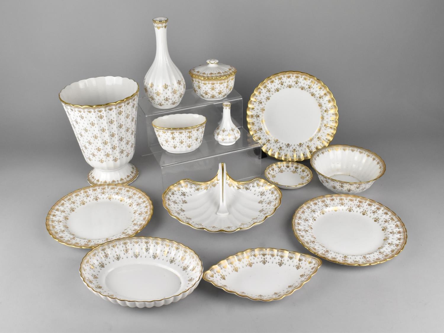 A Collection of Spode Fleur De Lys Gold to Comprise Vase, Lidded Pot, Three Small Plates, Bowl,