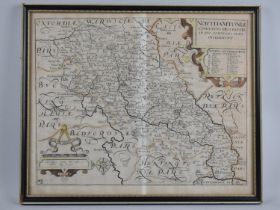 A Framed Hand Coloured 17th Century Map of Northamptonshire by William Kipp After Saxon, 36x28cms