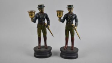 A Pair of Reproduction Cold Painted Brass Figural Candlesticks in the Form of Gent with Bell and