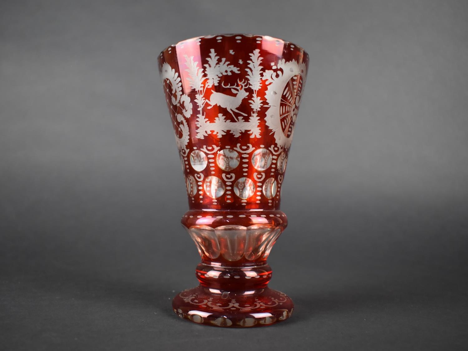 A Bohemian Etched Ruby Glass Vase Decorated with Foliage, Scrolls, Deer, Stalk, Castle, 16cm high - Image 3 of 5