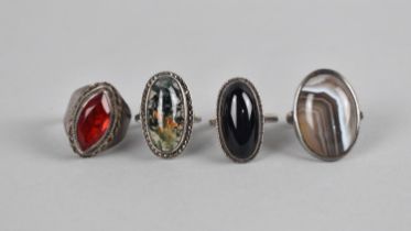 Four Various Silver Mounted Rings, Various Stones to Include Moss Agate etc