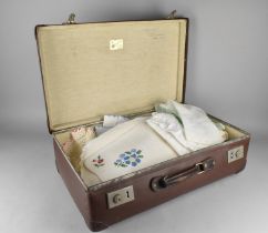 A Collection of Various Table Linens, Crochet Work Etc in Vintage Suitcase