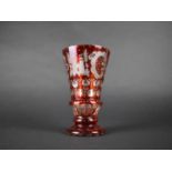 A Bohemian Etched Ruby Glass Vase Decorated with Foliage, Scrolls, Deer, Stalk, Castle, 16cm high