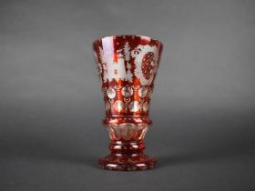 A Bohemian Etched Ruby Glass Vase Decorated with Foliage, Scrolls, Deer, Stalk, Castle, 16cm high