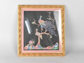 A Gilt Framed Oriental Textile, Peacocks Perched in Tree, Frame 33x36cm