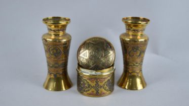 A Pair of Indian Mixed Metal Brass Vases, 14.5cms High together with a Similar Circular Lidded