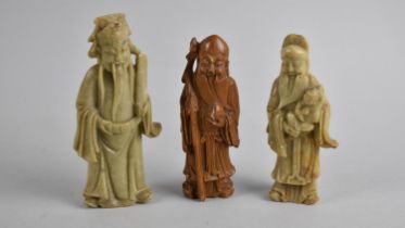 Three Chinese Soapstone Carvings, Chinese Gods, Tallest 13cm high