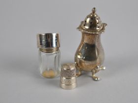 A Silver Pepper Pot Together with a Sterling Silver Topped Shaker, Thimble and Mount, 58g silver