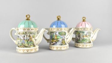 Three Sadler Novelty Teapots, Sporting Scenes of the 18th Century, 'Shooting', 'Fishing' and '