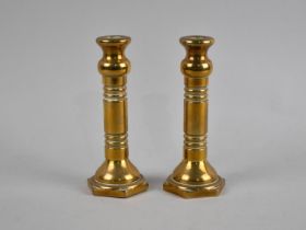 A Pair of Heavy Cast Brass Candlesticks with Hexagonal Bases, 14cms High