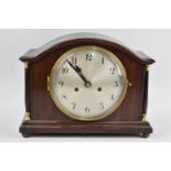 A Mid 20th Century Mahogany Mantel Clock with Brass Mounted Pilasters and Arched Top, 32.5cms Wide