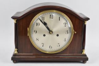 A Mid 20th Century Mahogany Mantel Clock with Brass Mounted Pilasters and Arched Top, 32.5cms Wide