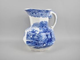 A Large Mason's Blue and White Jug of Gothic Form with Snake Stylised Handle, Rural Village Scene,