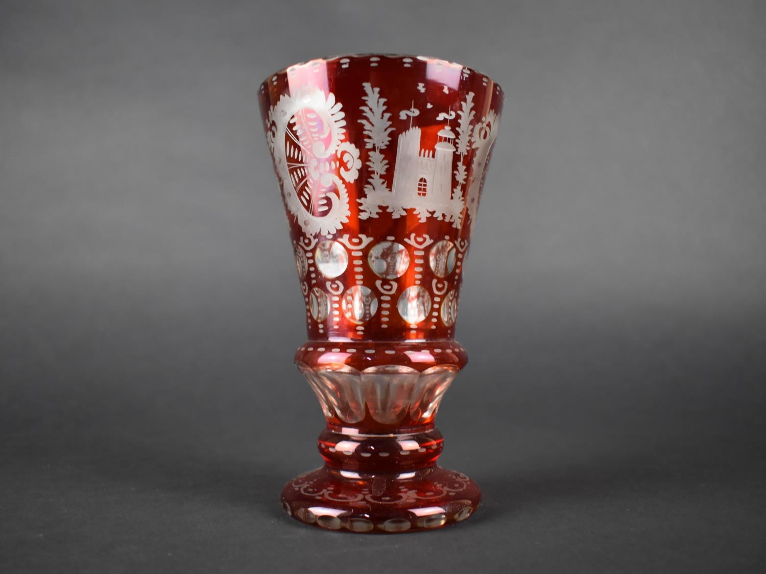 A Bohemian Etched Ruby Glass Vase Decorated with Foliage, Scrolls, Deer, Stalk, Castle, 16cm high - Image 4 of 5