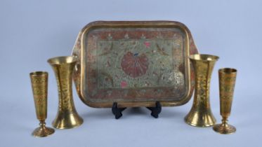 An Indian Enamelled Brass Tray and Two Pairs of Vases