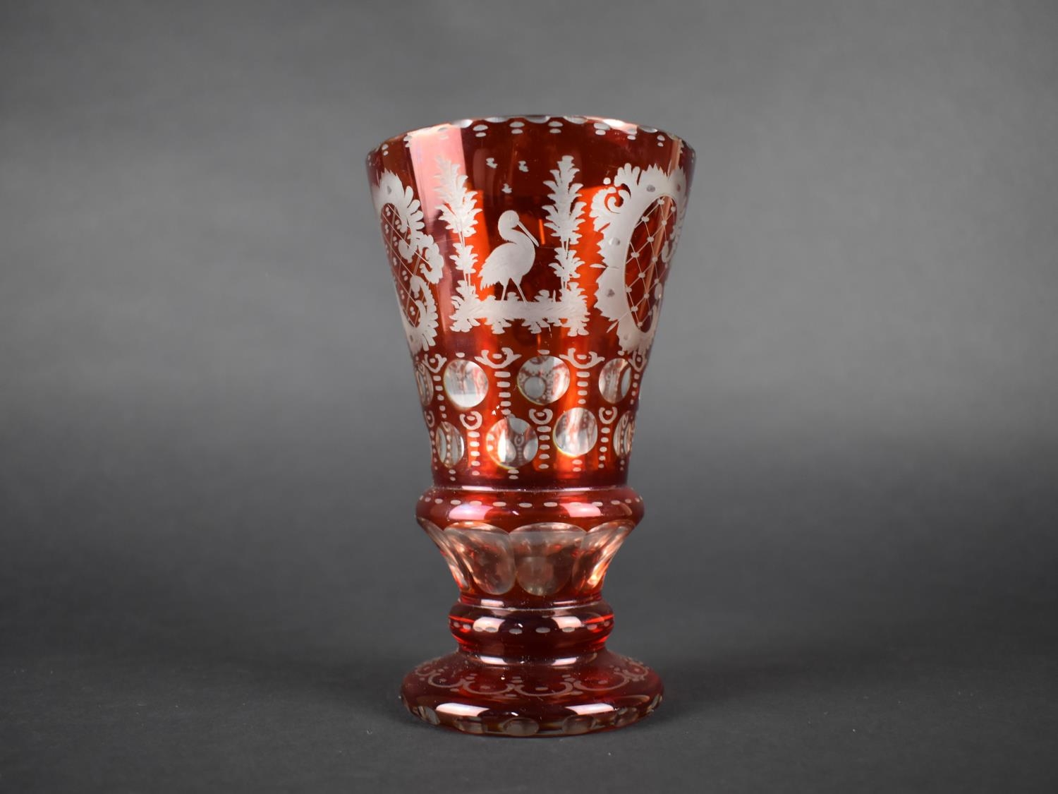 A Bohemian Etched Ruby Glass Vase Decorated with Foliage, Scrolls, Deer, Stalk, Castle, 16cm high - Image 2 of 5