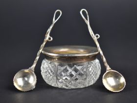 A Silver Banded Glass Cruet Pot, Birmingham Hallmark Together with Two Mustard Spoons of Riding Whip