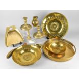 A Collection of Various Brass to Comprise Hand Beaten Chargers with Floral Motif, Crumb Dish, Jersey