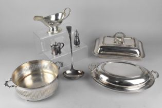 A Collection of Silver Plated Dinnerwares to Comprise Entree Dishes, Ladle, Pierced Twin Handled