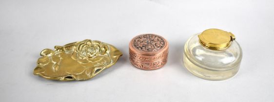 A Late 19th/Early 20th Century Brass Mounted Glass Inkwell, Hinge Requires Attention, Together