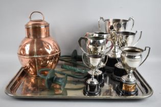 A Collection of Various Trophies, Copper Jug and Rectangular Tray
