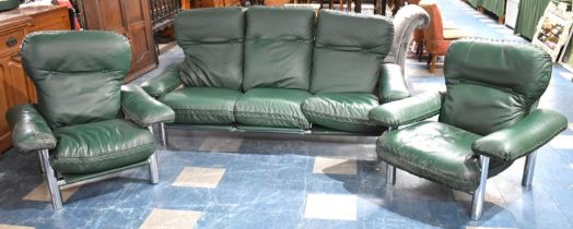 A Mid 20th Century Green Leather and Chromed Tubular Three Piece Suite to comprise Three Seater