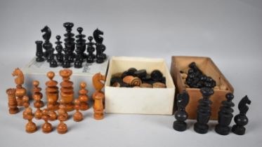 Two Early/Mid 20th Century Chess Sets, one Missing White Pawn, Together with Vintage Draughts Pieces