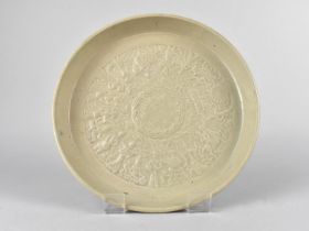 A Chinese Celadon Brush Washer/Dish Decorated in Shallow Relief with Figures, 21cm Diameter