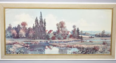 A Large Framed Print, Rural River Scene by S Haller, 119x52cms