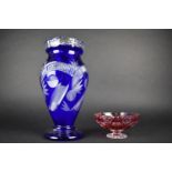 A Bohemian Blue Cut Glass Vase, 27cm high Together with a Pedestal Dish