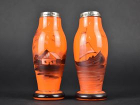 A Pair of 'Tango' Orange Opaque Glass and Silver Rimmed Vases Decorated Continental Scenes, 11.5cm