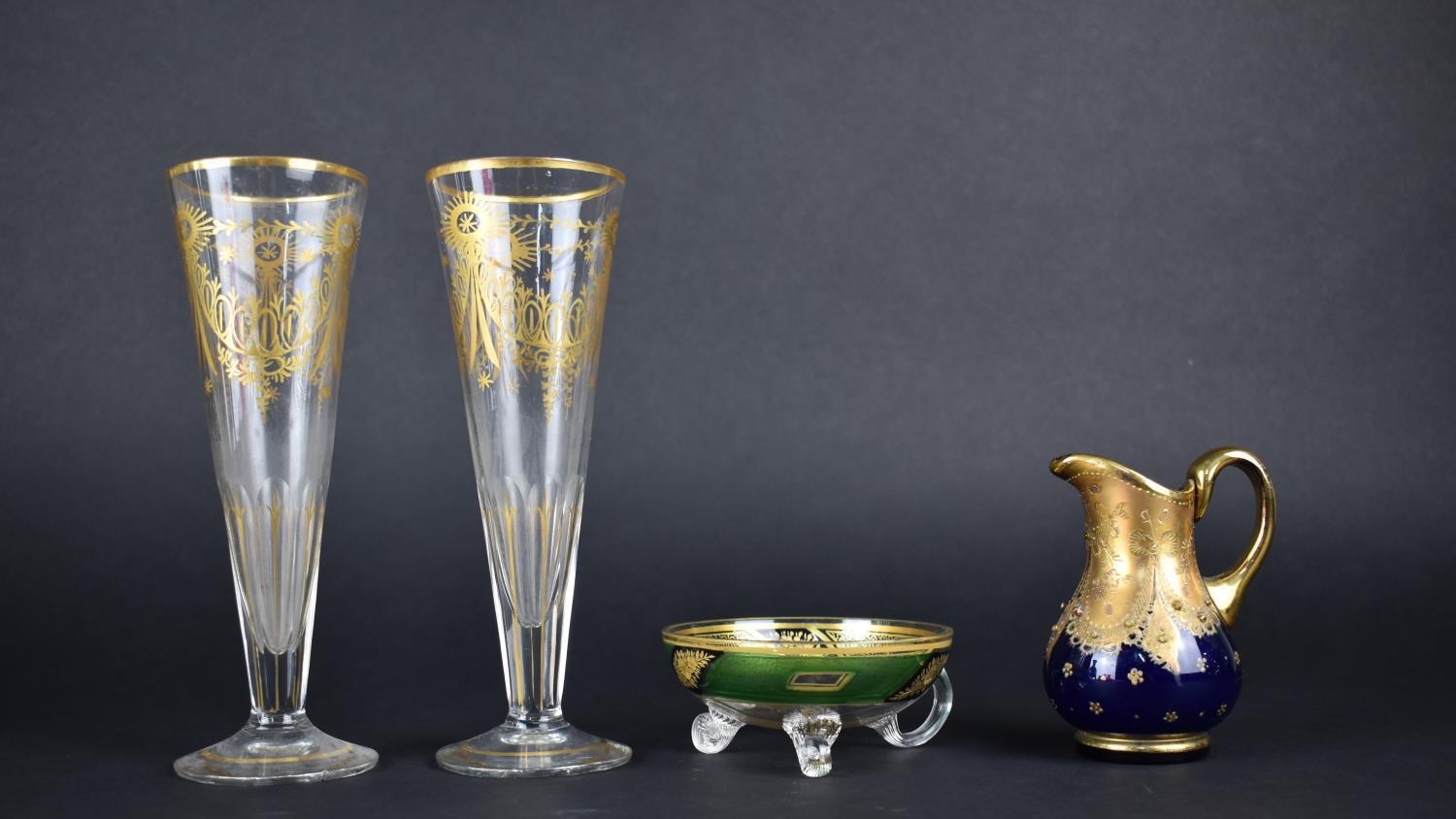 A Pair of 19th Century Drinking Glasses with Flute Bowls Decorated in Gilt with Swag Decoration 19.