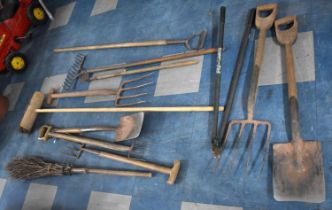 A Collection of Various Wooden Handled Garden Tools and a Hazel Broom