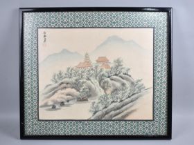 A Framed Chinese Print Depicting Pagoda on Hill Top, 36x29cms