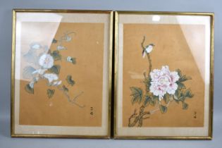 A pair of Framed Chinese Paintings, Birds and Flowers, Each 30x38cms