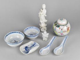 A Collection of Various Oriental Ceramics to include Blue and White Rice Bowls and Spoons, Blanc