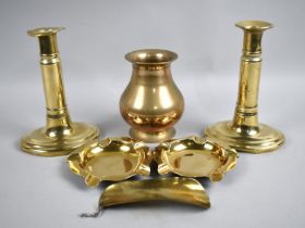 A Pair of 19th Century Brass Candlesticks, a Far Eastern Indian Vase together with Ashtrays and Shoe