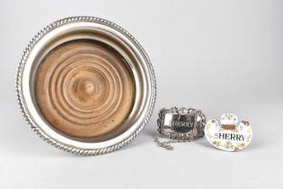 A Silver Plated Bottle Coaster, Silver Plated Sherry Decanter Label and a French Enamelled