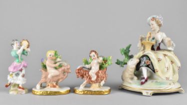 A Porcelain Figure Group, Seated Lady Beside Sheep, 16cm high Together with a Pair of Porcelain