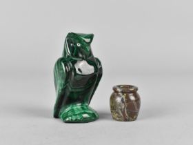 A Modern Carved Malachite Study of a Long Eared Owl, 5cms High, together with a Miniature Stone Vase