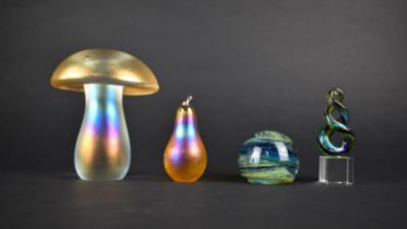 An Iridescent Glass Mushroom Paperweight, 12cm High Together with an Iridescent Glass Pear, a