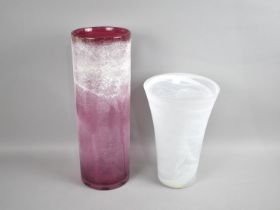 Two Modern Glass Vases, Flared Example 29cms and Cylindrical Pink Example 43cms